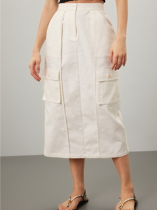 Silk Laundry Dresses & Skirts - High-Rise Cream Cargo Midi Skirt with Utility Pockets